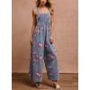 imagechouyatou Womens Summer Boho Floral Denim Bib Overalls Adjustable Strap Wide Leg Jumpsuits Jeans with PocketsDenim Blue