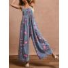 imagechouyatou Womens Summer Boho Floral Denim Bib Overalls Adjustable Strap Wide Leg Jumpsuits Jeans with PocketsDenim Blue