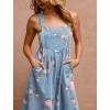 imagechouyatou Womens Summer Boho Floral Denim Bib Overalls Adjustable Strap Wide Leg Jumpsuits Jeans with PocketsLight Blue