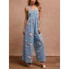 imagechouyatou Womens Summer Boho Floral Denim Bib Overalls Adjustable Strap Wide Leg Jumpsuits Jeans with PocketsLight Blue
