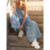 imagechouyatou Womens Summer Boho Floral Denim Bib Overalls Adjustable Strap Wide Leg Jumpsuits Jeans with PocketsLight Blue