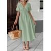 imagechouyatou Womens Summer Boho VNeck Cotton Tunic Dress Casual Loose Short Sleeve Midi Long Beach DressArmy Green