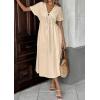 imagechouyatou Womens Summer Boho VNeck Cotton Tunic Dress Casual Loose Short Sleeve Midi Long Beach DressBeige