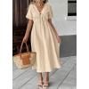 imagechouyatou Womens Summer Boho VNeck Cotton Tunic Dress Casual Loose Short Sleeve Midi Long Beach DressBeige
