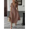 imagechouyatou Womens Summer Boho VNeck Cotton Tunic Dress Casual Loose Short Sleeve Midi Long Beach DressBrown