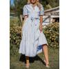 imagechouyatou Womens Summer Business Casual Stripe Shirt Dress Puff Short Sleeve Tiered Midi Long Beach DressBlue