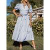 imagechouyatou Womens Summer Business Casual Stripe Shirt Dress Puff Short Sleeve Tiered Midi Long Beach DressBlue