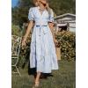 imagechouyatou Womens Summer Business Casual Stripe Shirt Dress Puff Short Sleeve Tiered Midi Long Beach DressBlue