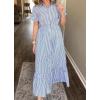 imagechouyatou Womens Summer Loose Stripe Maxi Shirt Dress Short Sleeve Drawstring Long Button Down Dress SundressBlue