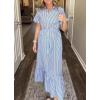 imagechouyatou Womens Summer Loose Stripe Maxi Shirt Dress Short Sleeve Drawstring Long Button Down Dress SundressBlue