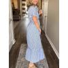 imagechouyatou Womens Summer Loose Stripe Maxi Shirt Dress Short Sleeve Drawstring Long Button Down Dress SundressBlue
