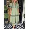 imagechouyatou Womens Summer Printed Floral Dress Casual Notch Neck Cotton Midi Long Mexican Tunic DressGreen