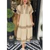 imagechouyatou Womens Summer Printed Floral Dress Casual Notch Neck Cotton Midi Long Mexican Tunic DressKhaki