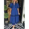 imagechouyatou Womens Summer Printed Floral Dress Casual Notch Neck Cotton Midi Long Mexican Tunic DressNavy Blue
