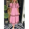 imagechouyatou Womens Summer Printed Floral Dress Casual Notch Neck Cotton Midi Long Mexican Tunic DressPink