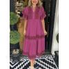 imagechouyatou Womens Summer Printed Floral Dress Casual Notch Neck Cotton Midi Long Mexican Tunic DressWine Red