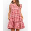 imagechouyatou Womens Summer Ruffle Puff Sleeve Babydoll Dress Cute Gingham Plaid Printed Tiered Midi DressRed