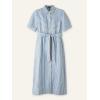 imagechouyatou Womens Summer Short Sleeve Belted Striped Shirt Dress Business Casual High Waist Midi Long Button Down DressBlue
