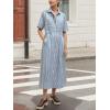 imagechouyatou Womens Summer Short Sleeve Belted Striped Shirt Dress Business Casual High Waist Midi Long Button Down DressBlue