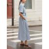 imagechouyatou Womens Summer Short Sleeve Belted Striped Shirt Dress Business Casual High Waist Midi Long Button Down DressBlue