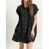 imagechouyatou Womens Summer Short Sleeve Cotton Dress Lapel Loose Fit Button Down Flowy Mini Short DressBlack
