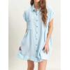 imagechouyatou Womens Summer Short Sleeve Cotton Dress Lapel Loose Fit Button Down Flowy Mini Short DressBlue