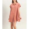 imagechouyatou Womens Summer Short Sleeve Cotton Dress Lapel Loose Fit Button Down Flowy Mini Short DressRed