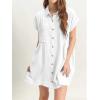 imagechouyatou Womens Summer Short Sleeve Cotton Dress Lapel Loose Fit Button Down Flowy Mini Short DressWhite