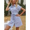 imagechouyatou Womens Summer Stripe Midi Long Shirt Dress Short Sleeve Button Down Tunic Dress with BeltBlue