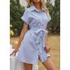 imagechouyatou Womens Summer Stripe Midi Long Shirt Dress Short Sleeve Button Down Tunic Dress with BeltBlue