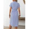 imagechouyatou Womens Summer Striped Button Down Shirt Dress Casual Loose Belted Midi Long Beach DressBlue