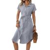 imagechouyatou Womens Summer Striped Button Down Shirt Dress Casual Loose Belted Midi Long Beach DressGrey