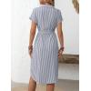 imagechouyatou Womens Summer Striped Button Down Shirt Dress Casual Loose Belted Midi Long Beach DressGrey