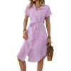 imagechouyatou Womens Summer Striped Button Down Shirt Dress Casual Loose Belted Midi Long Beach DressPurple