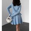 imagechouyatou Womens Sweater Knit Skirt 2 Piece Outfits Button Down Ruffle Cardigan and Pleated Mini Skirt Matching SetBlue