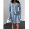 imagechouyatou Womens Sweater Knit Skirt 2 Piece Outfits Button Down Ruffle Cardigan and Pleated Mini Skirt Matching SetBlue