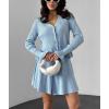 imagechouyatou Womens Sweater Knit Skirt 2 Piece Outfits Button Down Ruffle Cardigan and Pleated Mini Skirt Matching SetBlue