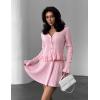 imagechouyatou Womens Sweater Knit Skirt 2 Piece Outfits Button Down Ruffle Cardigan and Pleated Mini Skirt Matching SetPink