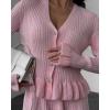 imagechouyatou Womens Sweater Knit Skirt 2 Piece Outfits Button Down Ruffle Cardigan and Pleated Mini Skirt Matching SetPink