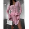 imagechouyatou Womens Sweater Knit Skirt 2 Piece Outfits Button Down Ruffle Cardigan and Pleated Mini Skirt Matching SetPink