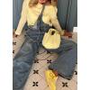 imagechouyatou Womens Tie Knot Strap Bib Denim Overall Casual Loose Wide Leg Barrel Jeans Pocketed JumpsuitsDenim Blue
