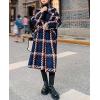 imagechouyatou Womens Tweed Double Breasted Wool Coat Plaid Notch Lapel Mid Long Peacoat Winter Trench CoatBlue