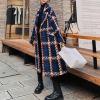 imagechouyatou Womens Tweed Double Breasted Wool Coat Plaid Notch Lapel Mid Long Peacoat Winter Trench CoatBlue