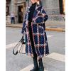 imagechouyatou Womens Tweed Double Breasted Wool Coat Plaid Notch Lapel Mid Long Peacoat Winter Trench CoatBlue