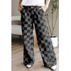 imagechouyatou Womens Vintage Checkered Barrel Jeans Boyfriend Baggy Jeans Plaid Wide Leg Denim Pants with PocketsBlack