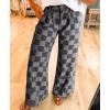imagechouyatou Womens Vintage Checkered Barrel Jeans Boyfriend Baggy Jeans Plaid Wide Leg Denim Pants with PocketsBlack