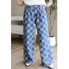 imagechouyatou Womens Vintage Checkered Barrel Jeans Boyfriend Baggy Jeans Plaid Wide Leg Denim Pants with PocketsBlue