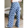 imagechouyatou Womens Vintage Checkered Barrel Jeans Boyfriend Baggy Jeans Plaid Wide Leg Denim Pants with PocketsBlue