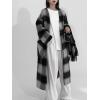 imagechouyatou Womens Vintage Plaid Wool Coat with Scarf Wool Blend Long Trench Pea Coat Outerwear OvercoatBlack