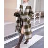 imagechouyatou Womens Vintage Plaid Wool Coat with Scarf Wool Blend Long Trench Pea Coat Outerwear OvercoatGreen